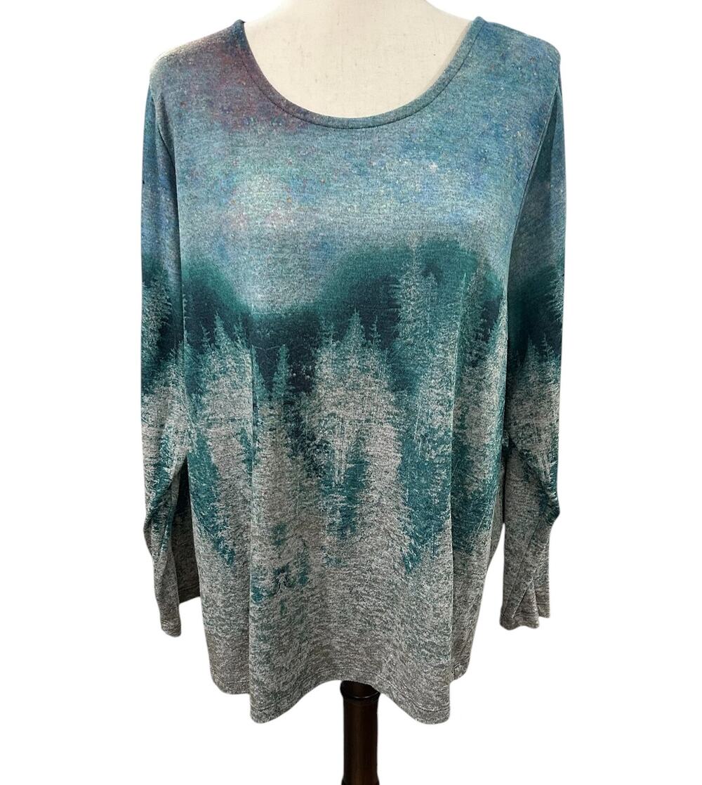 CJ Banks Scenic Misty Green & Blue Pine Forest Sweater Top Plus Size 1X EUC